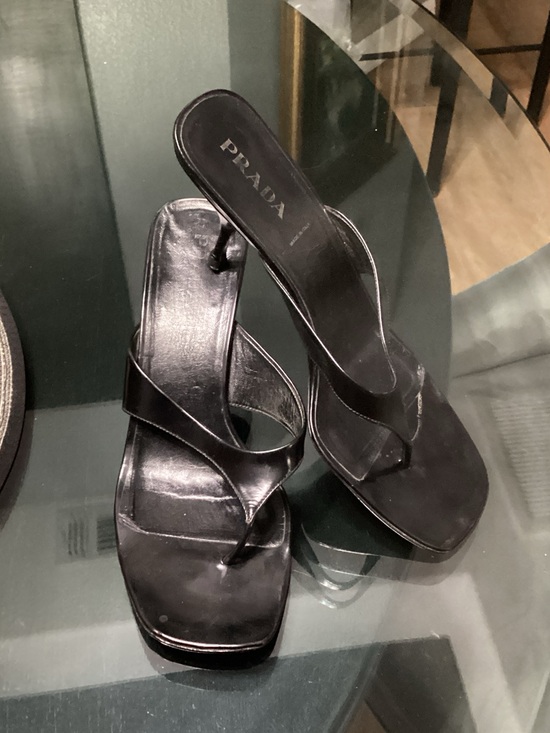 Prada Shoes - Prada Black Leather Square-Toe Thong Heel Sandals - size 38 1/2 - US 8